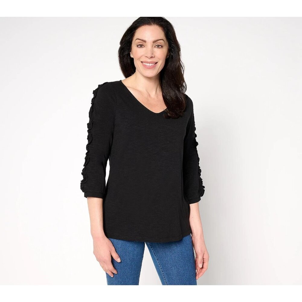 Belle by Kim Gravel Slub Knit Fun Starts Here Ruffle Top Black 2X A679782